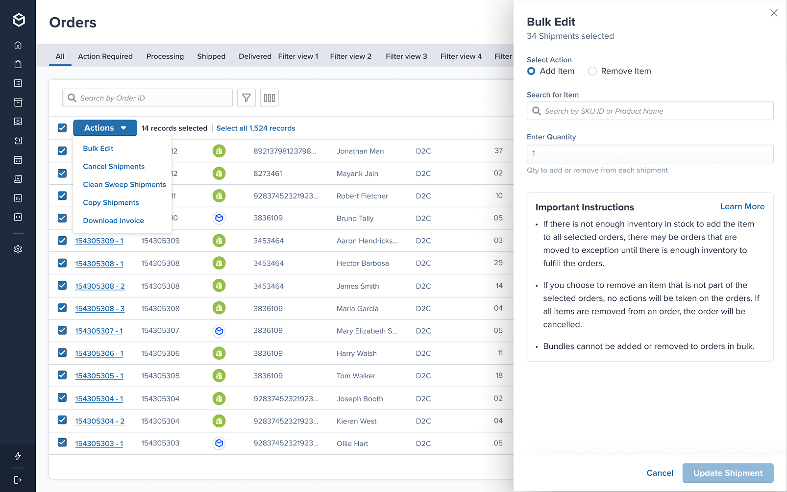Orders list with 14 records selected, Actions menu open and the Bulk Edit drawer showing 34 shipments selected