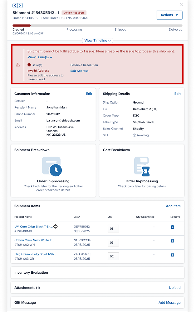 Shipment drawer with an Action Required banner listing the issue and a resolution link