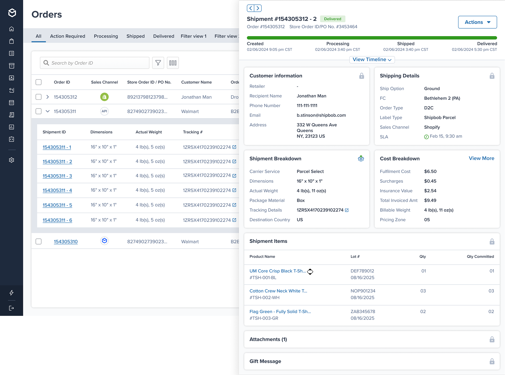 Shipment drawer open over the orders list, showing status timeline, customer, shipping, shipment and cost breakdowns, and shipment items